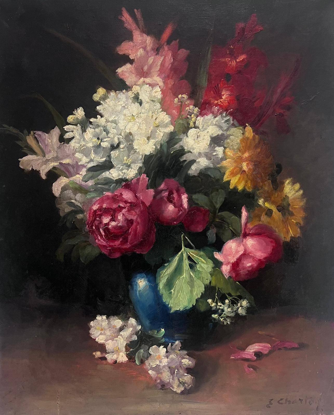 French School Interior Painting - Antique French Still Life of Flowers in Vase Signed Oil Painting on Canvas