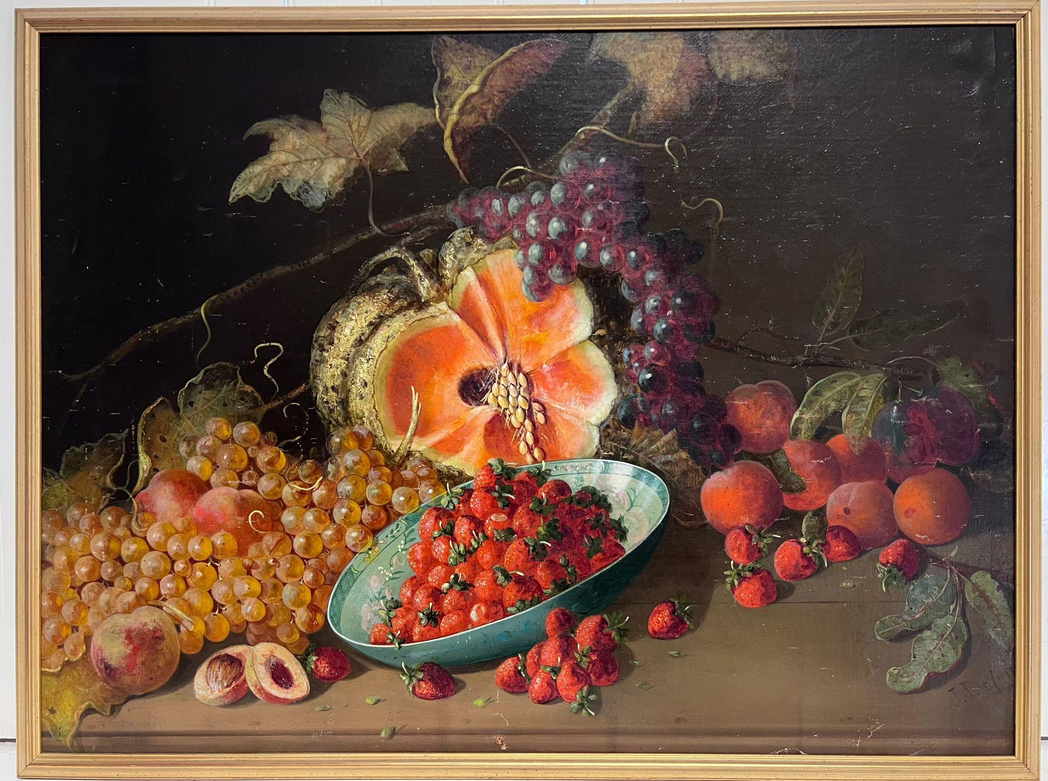 Antique French Still Life Strawberry Bowl Abundant Still Life of Fruit Interior - Painting by French School