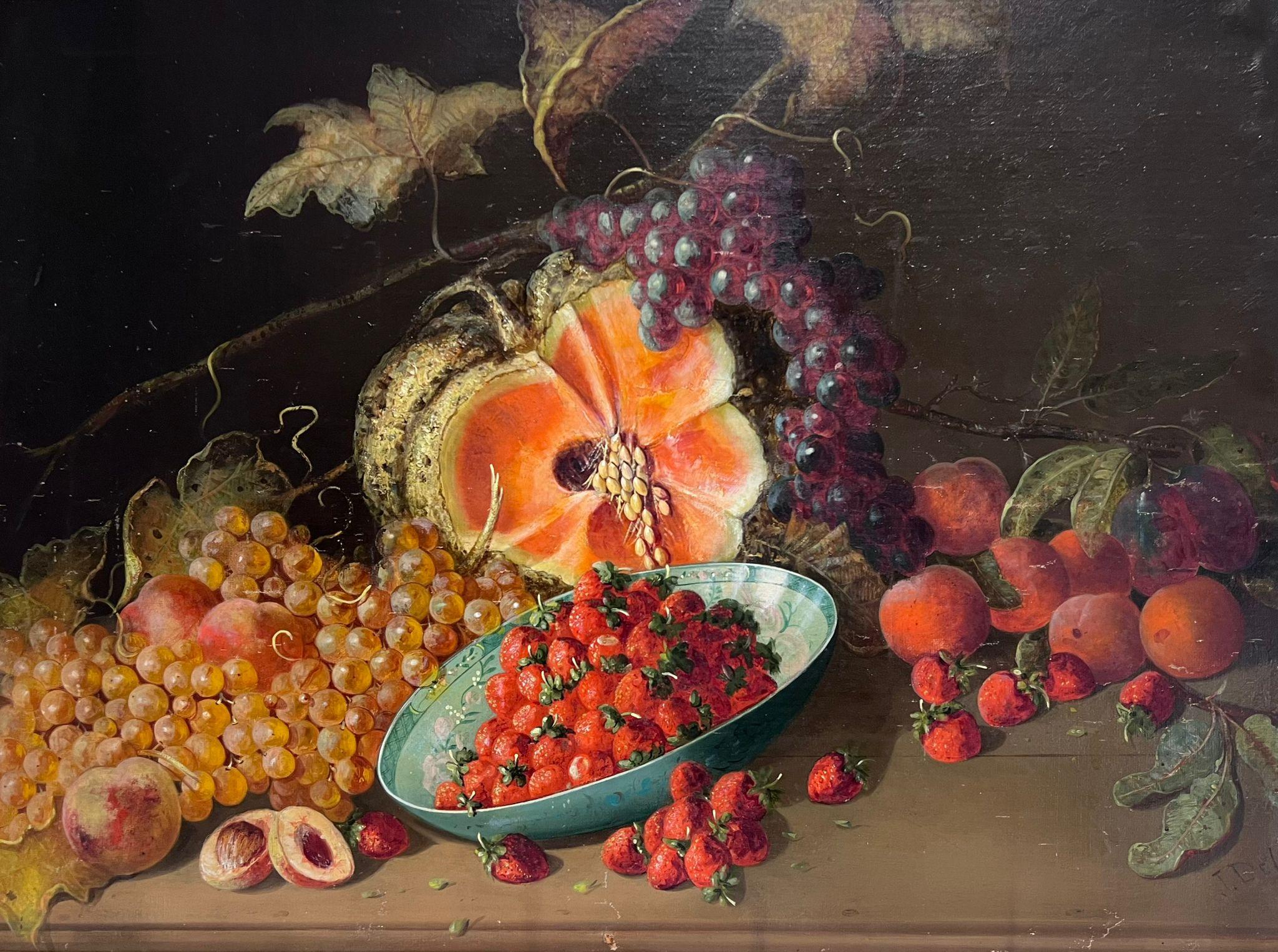 French School Interior Painting - Antique French Still Life Strawberry Bowl Abundant Still Life of Fruit Interior