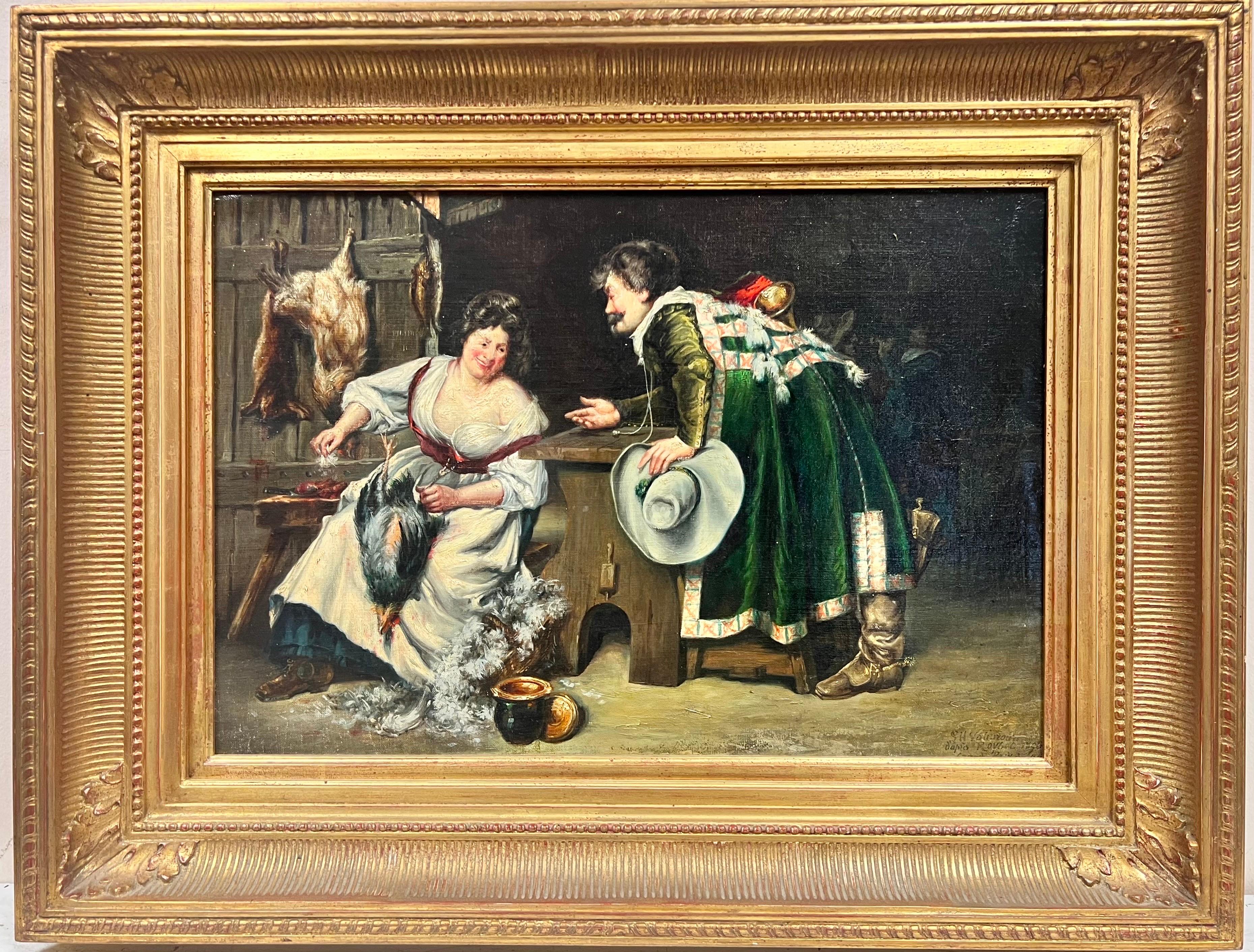 French School Figurative Painting - Antique Signed Oil Tavern Cook Plucking Bird Flirting with Cavalier, Gilt Frame