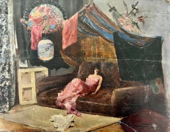 Artists Model in Atelier Studio Interior Antique French Signed Oil
