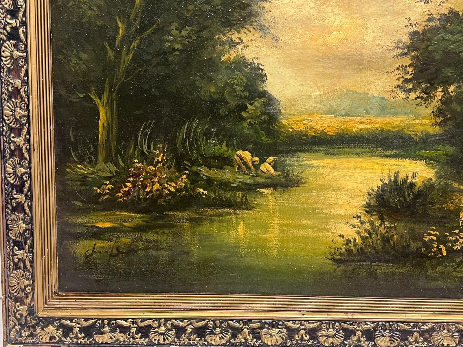 Bathers by Lake Vintage French Oil Painting in Gilt Frame - Black Figurative Painting by French School