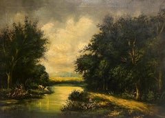 Peinture à l'huile française vintage « Bathers by Lake » dans un cadre doré