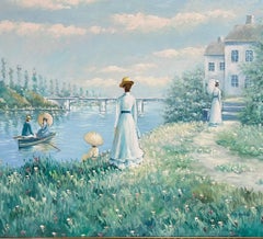Schönes impressionistischesische Figuren von & On the River, signiertes Ölgemälde