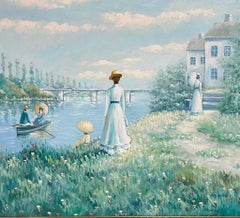 Elegant Figures by & On the River Beautiful Impressionist Signed Oil Painting