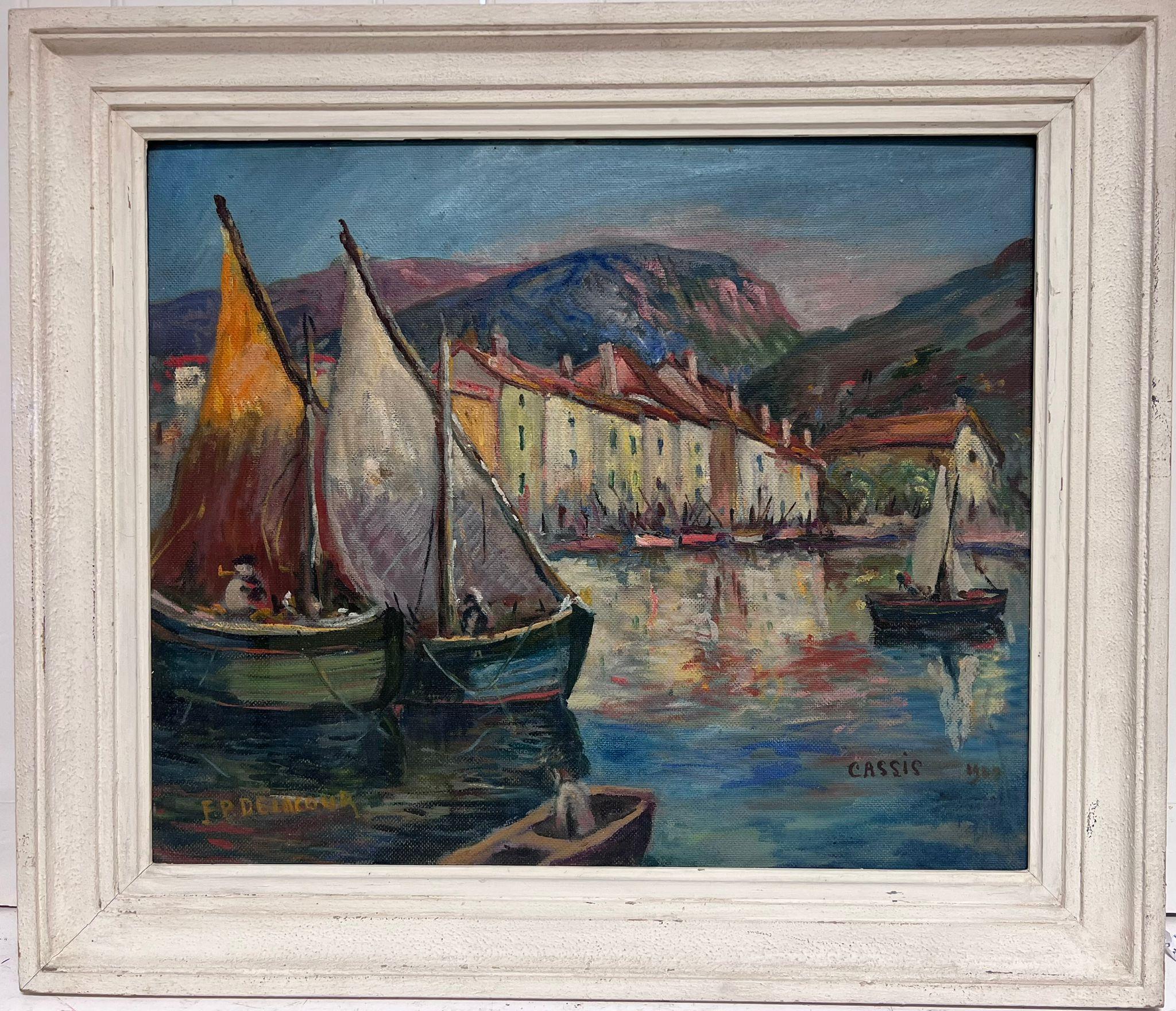 Fischboote im Hafen von Cassis, signiertes Ölgemälde des französischen Impressionismus, 1960er Jahre – Painting von French School