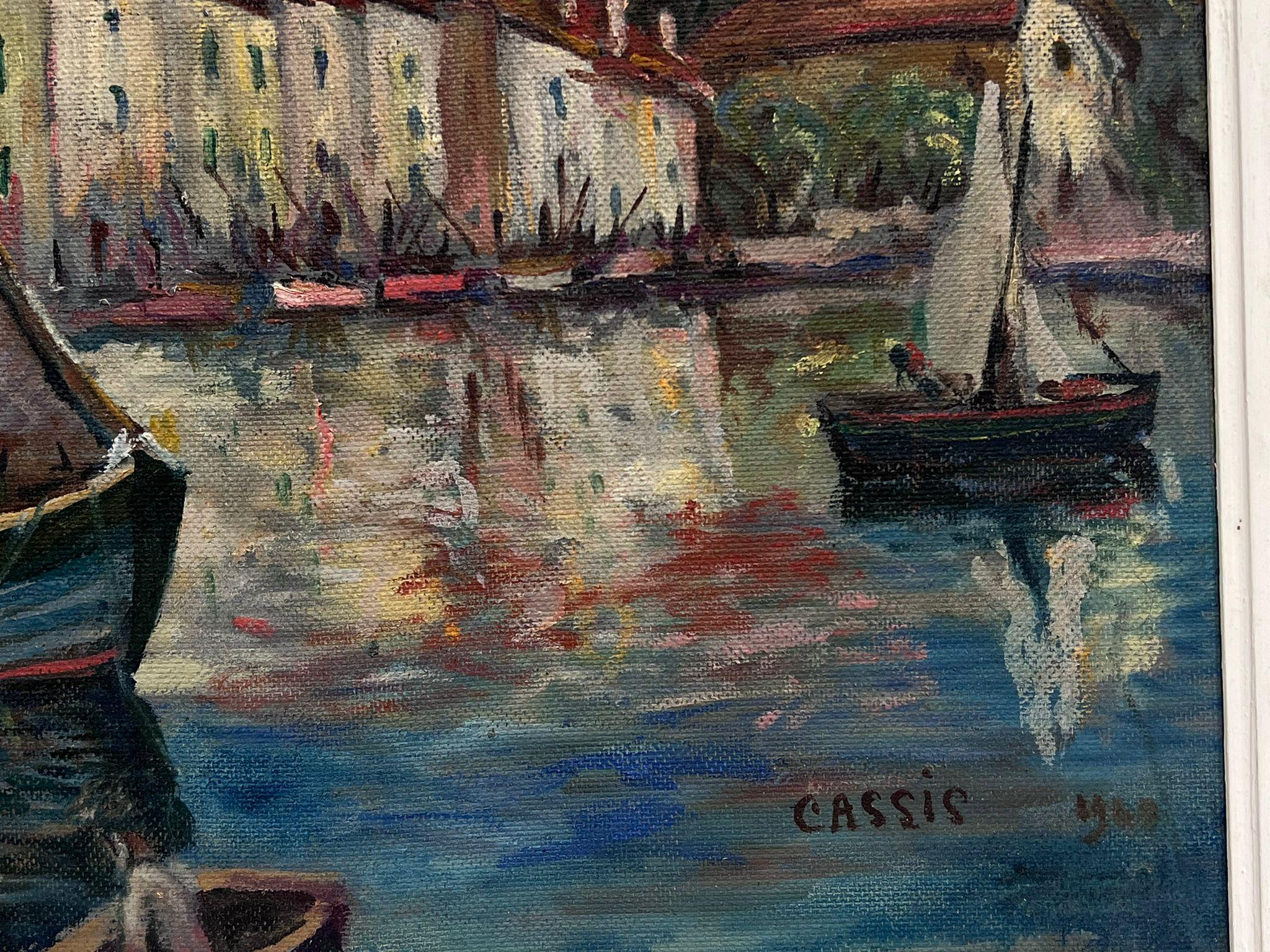 Barcos de pesca en el puerto de Cassis Pintura al óleo firmada por un impresionista francés de los años 60 - Landscape Painting Negro de French School