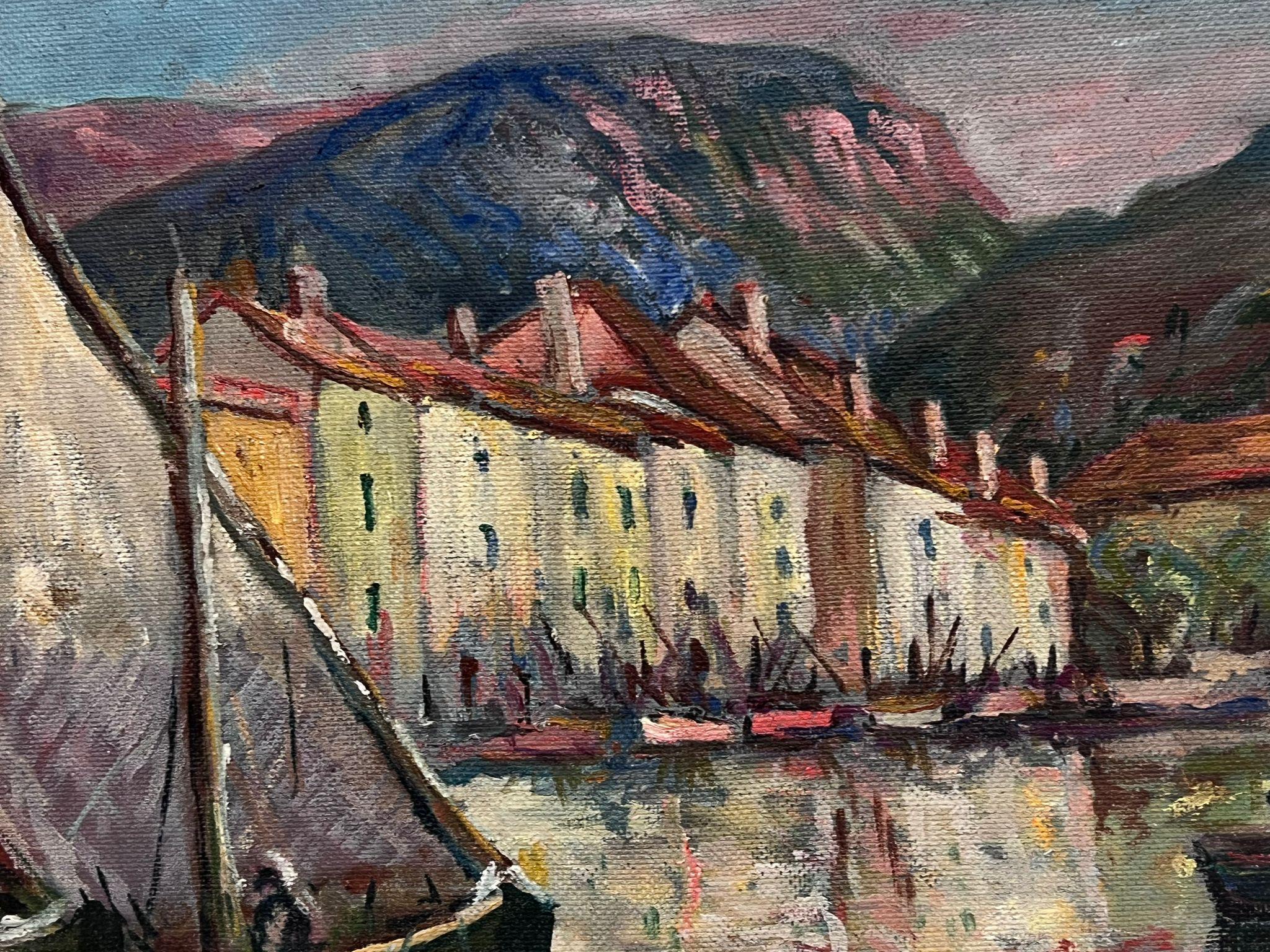 Fischboote im Hafen von Cassis, signiertes Ölgemälde des französischen Impressionismus, 1960er Jahre im Angebot 1