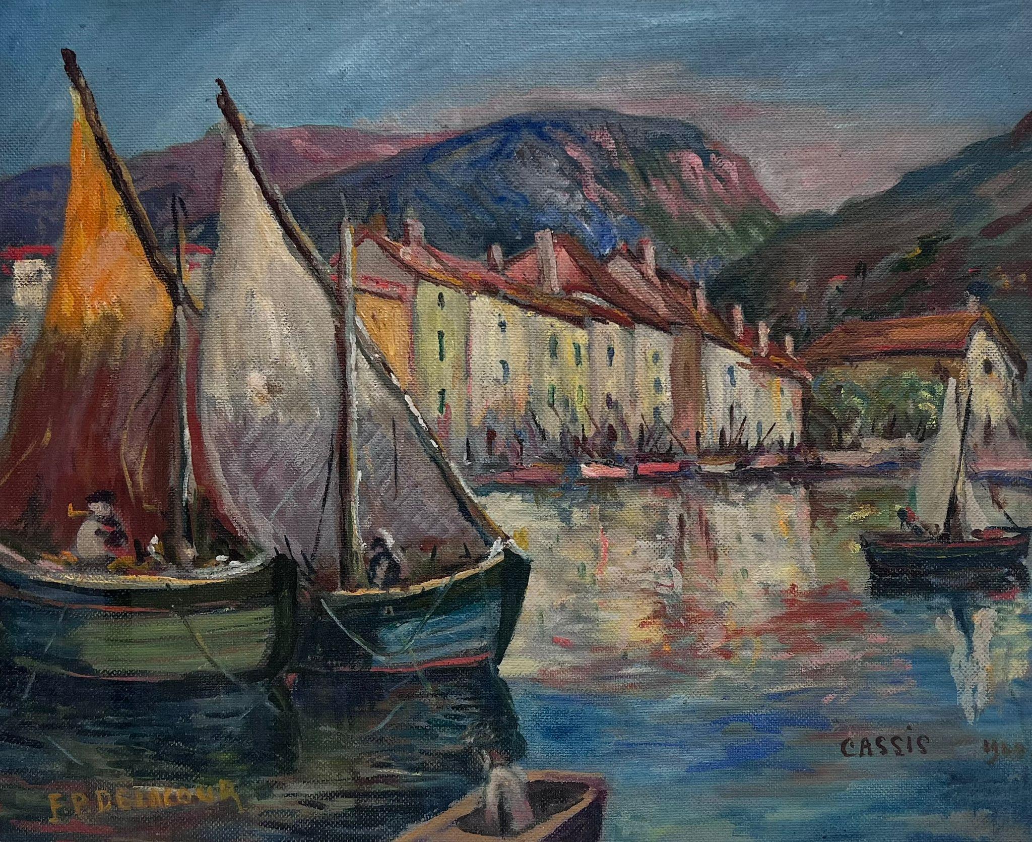 French School Landscape Painting – Fischboote im Hafen von Cassis, signiertes Ölgemälde des französischen Impressionismus, 1960er Jahre