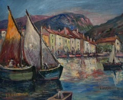 Fishing Boats in Cassis Harbour 1960's French Impressionist Signed Oil Painting