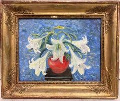 lys oil 1950s Fleur de Lys Lilies in Vase Blue Background Original French Signed Painting