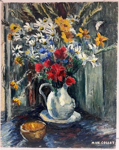 Pittura a olio francese degli anni '50 firmata di grandi dimensioni Fiori colorati in vaso Natura morta