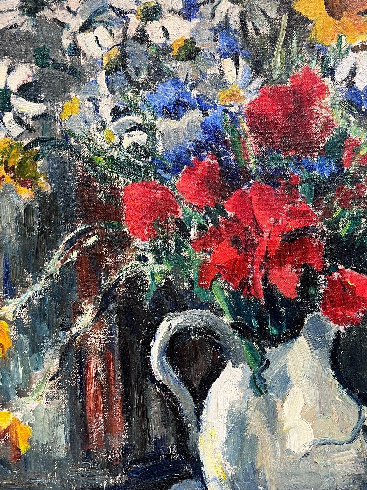French 1950's Signed Large Oil Painting Colourful Flowers in Vase Still Life For Sale 1