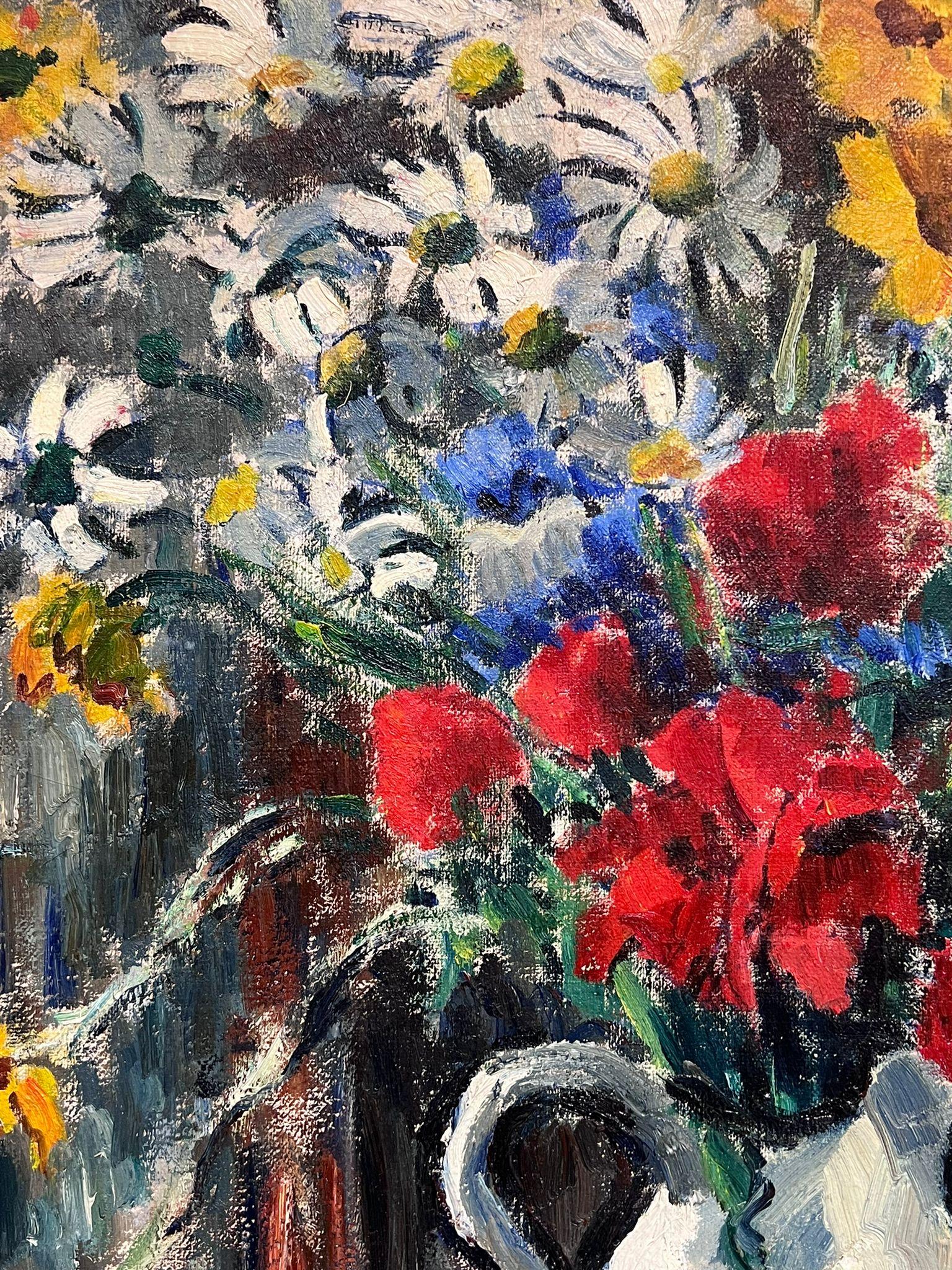 French 1950's Signed Large Oil Painting Colourful Flowers in Vase Still Life For Sale 4