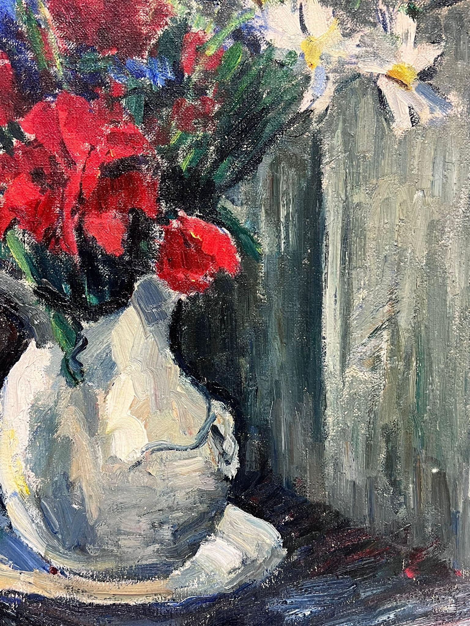French 1950's Signed Large Oil Painting Colourful Flowers in Vase Still Life For Sale 5