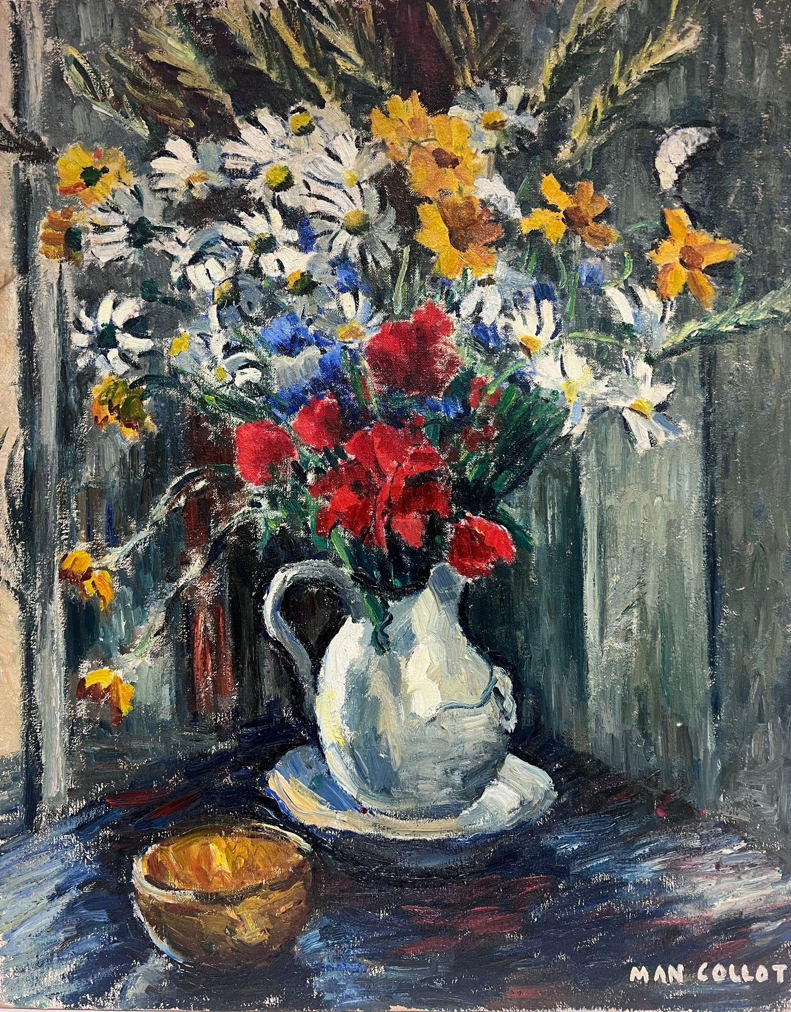 French School Interior Painting - French 1950's Signed Large Oil Painting Colourful Flowers in Vase Still Life