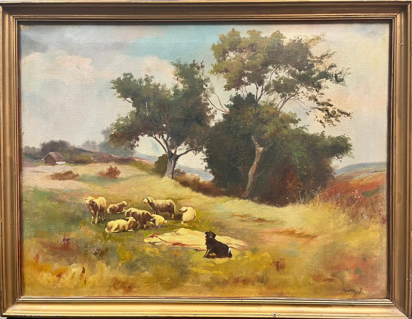 French Impressionist Signed Oil Sheep & Dog in Windswept Fields, framed - Painting by French School