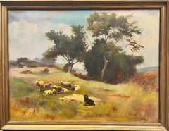 French Impressionist Signed Oil Sheep & Dog in Windswept Fields, framed