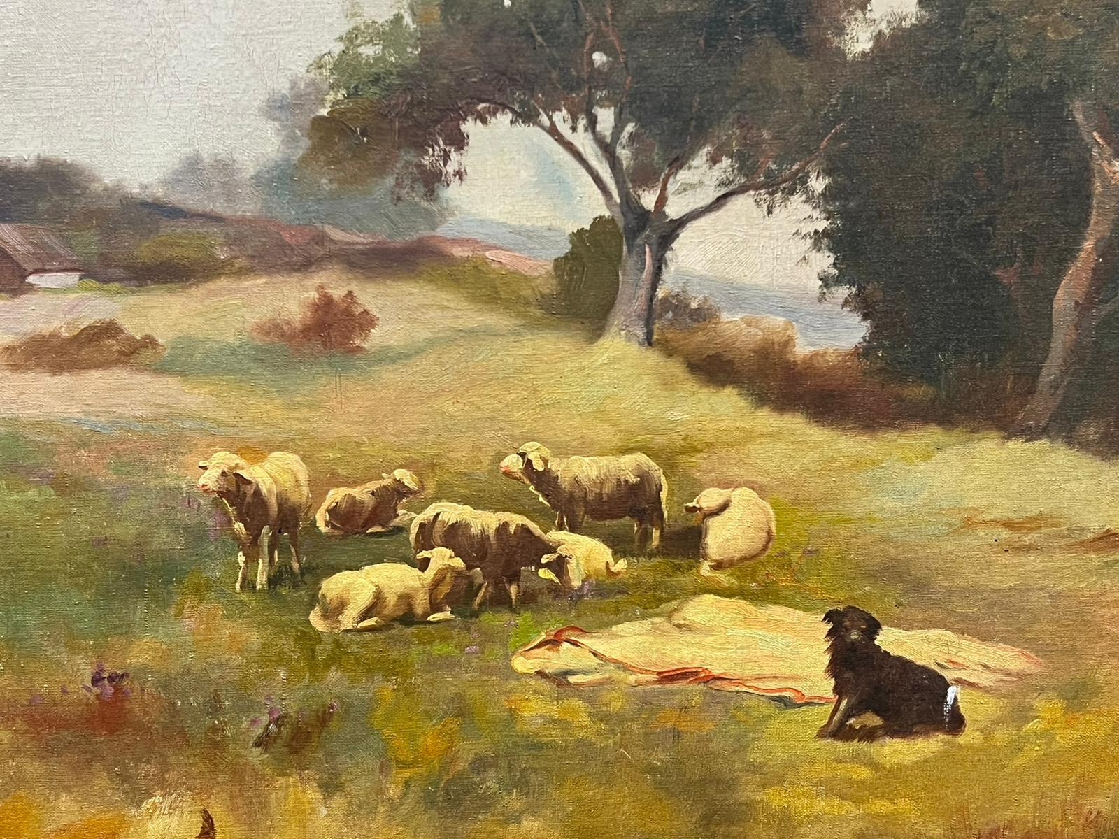 French Impressionist Signed Oil Sheep & Dog in Windswept Fields, framed For Sale 1
