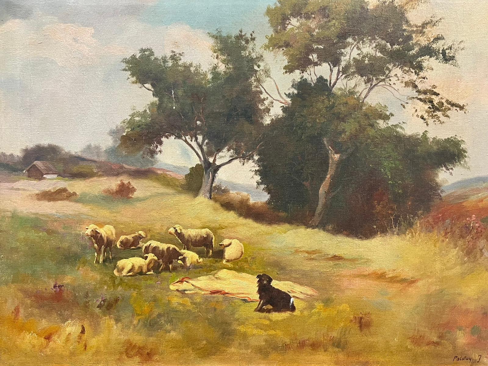 French School Landscape Painting - French Impressionist Signed Oil Sheep & Dog in Windswept Fields, framed