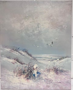 Peinture à l'huile sur toile « Sitting on Windswept Beach Looking out to Sea », signée par une fille assise sur la plage