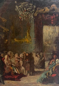 Intriguing 19th Century French Oil Painting Crowded Hall Interior with Figures