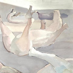 Large 1970’s French Modernist Oil Painting Horses Laying on Backs in Field