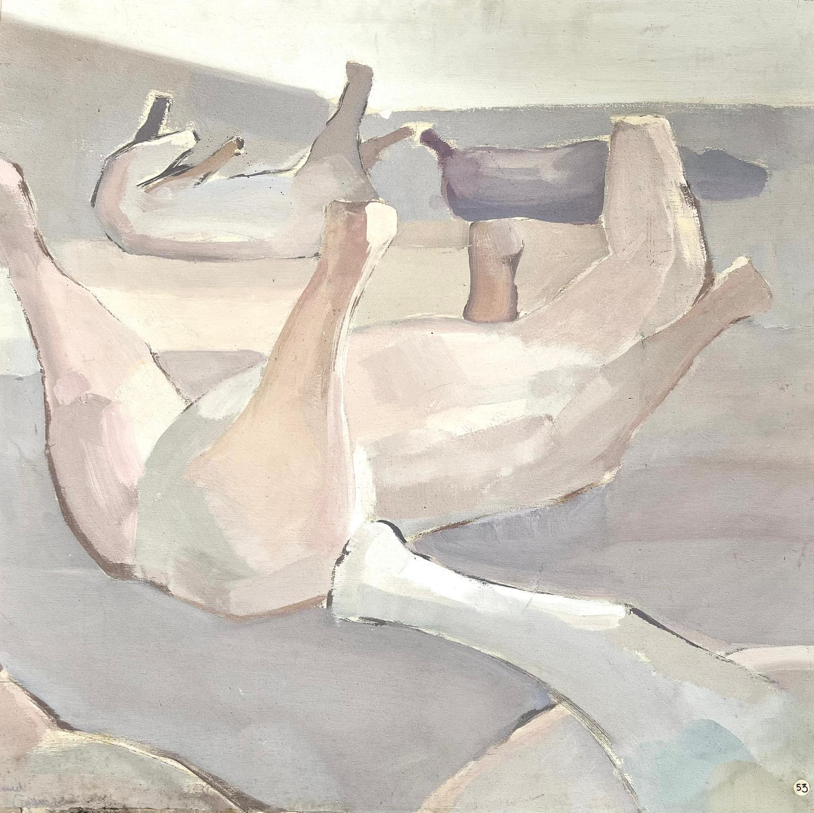 Grande peinture à l'huile moderniste française des années 1970 - Chevaux couchés sur le dos dans un champ