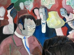 Large 1970's French Modernist Oil Painting The Card Game Players Casino Interior