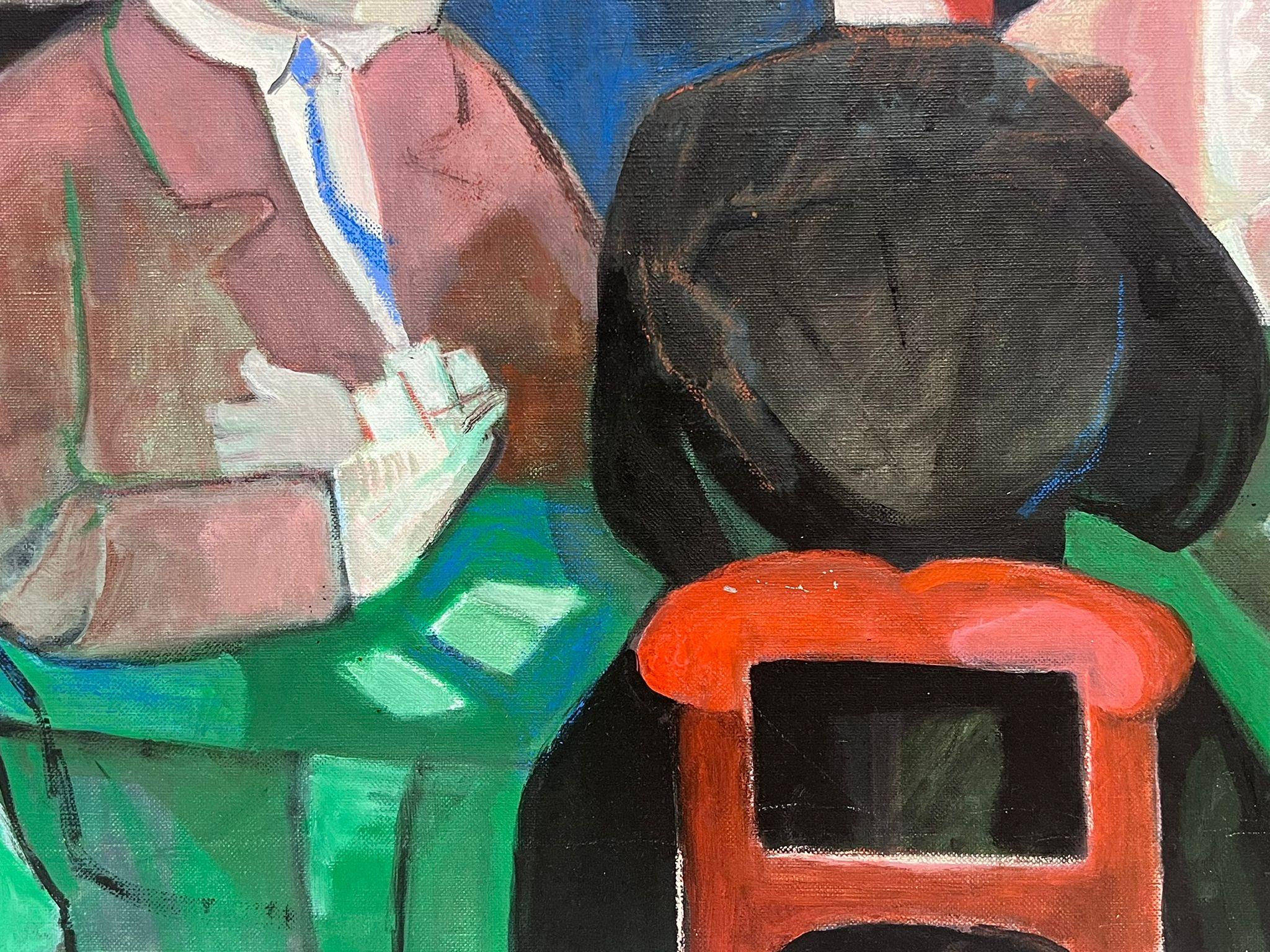 Large 1970's French Modernist Oil Painting The Card Game Players Casino Interior - Black Figurative Painting by French School