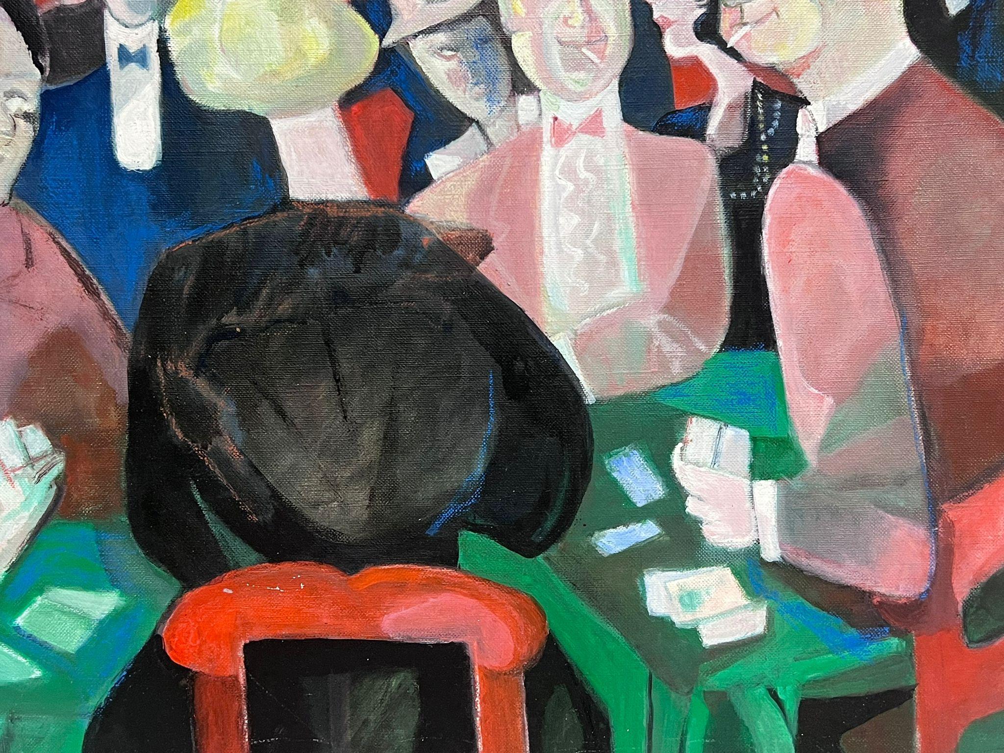 Large 1970's French Modernist Oil Painting The Card Game Players Casino Interior For Sale 3