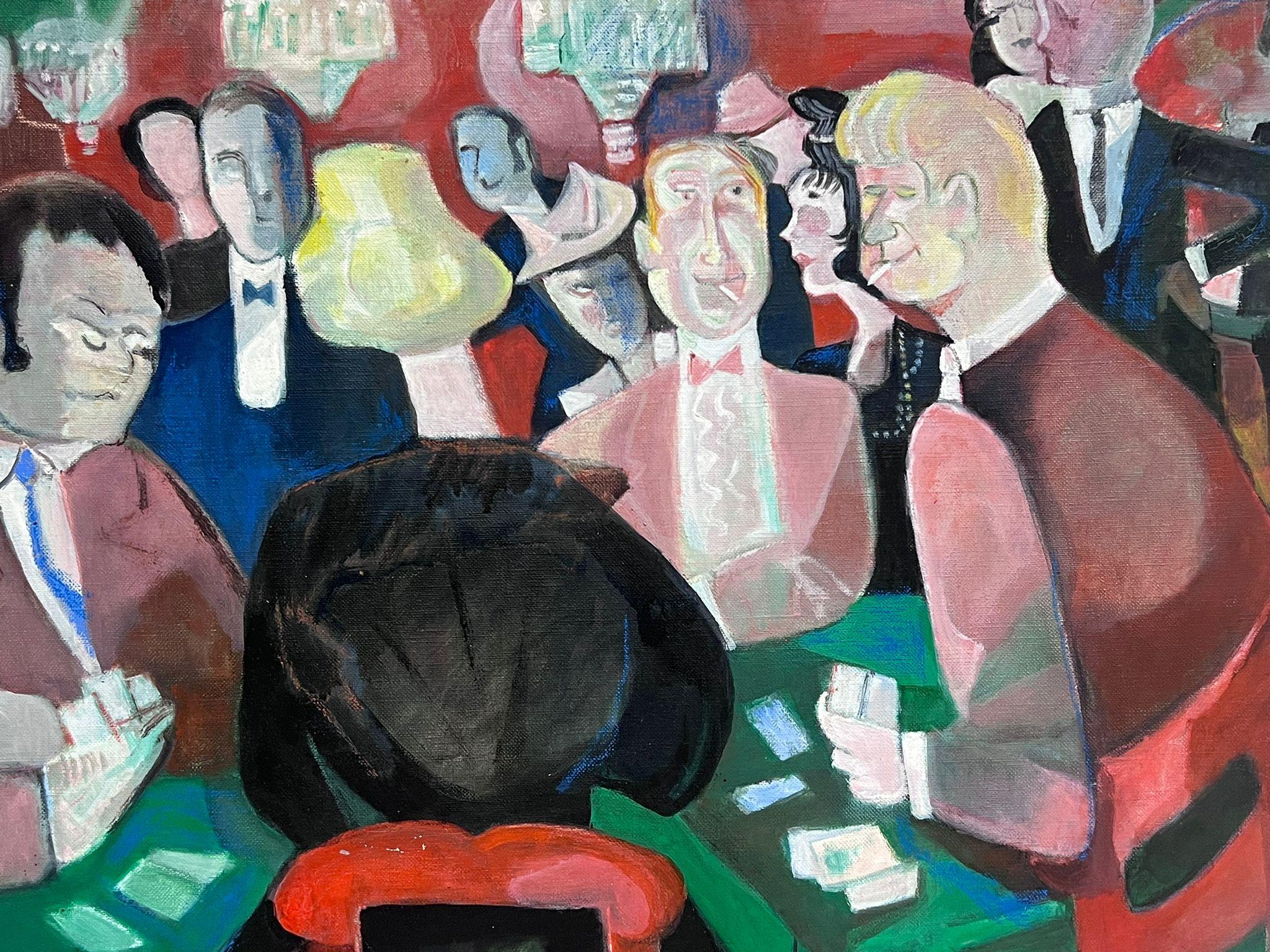 Large 1970's French Modernist Oil Painting The Card Game Players Casino Interior For Sale 2