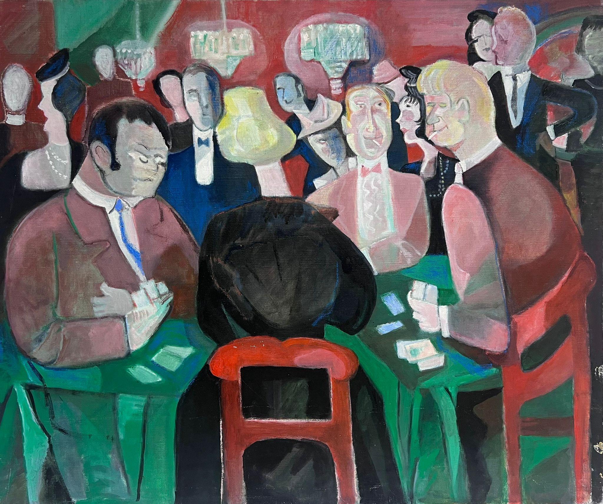 French School Figurative Painting - Large 1970's French Modernist Oil Painting The Card Game Players Casino Interior