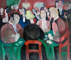 Grande dipinto a olio modernista francese degli anni '70 I giocatori di carte Interno del casinò