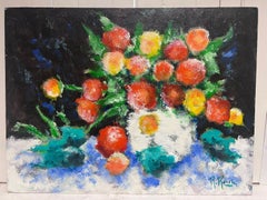 Large 1970's French Modernist Signed Oil Profusion of Flowers Still Life