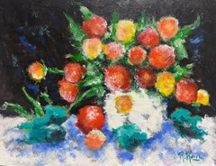 Grande olio modernista francese degli anni '70 firmato con una natura morta a profusione di fiori