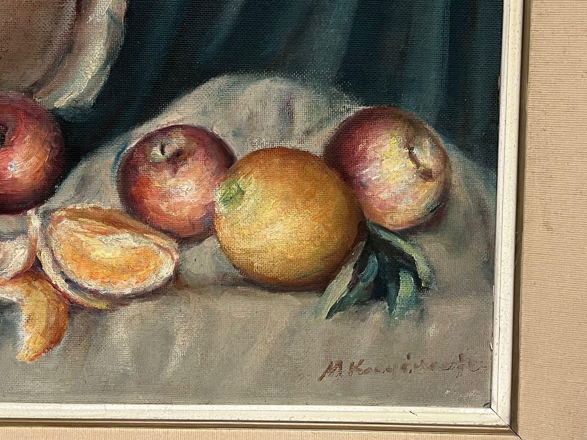 Large Mid Century Still Life Oranges  Table Signed Original French Oil Painting 1