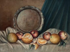 Large Mid Century Still Life Oranges  Table Signed Original French Oil Painting