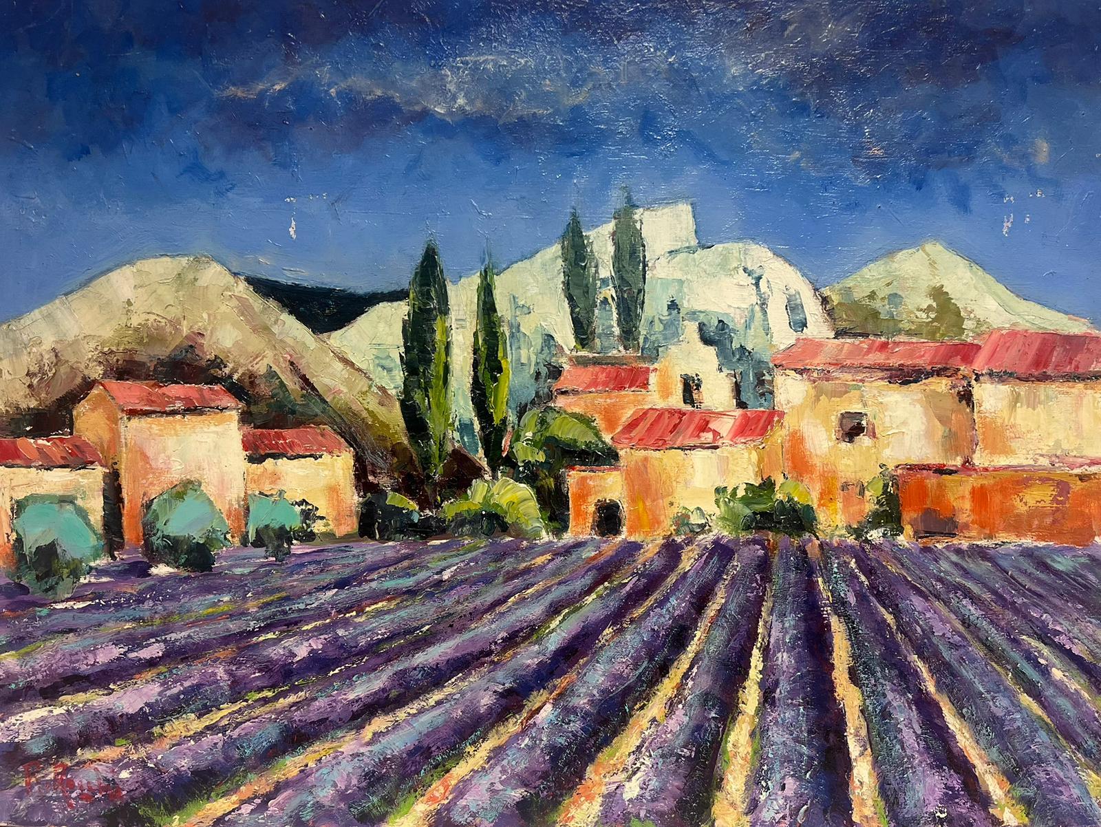 French School Landscape Painting - Lavender Fields in Provence Old Stone Mas Houses Large French Oil Painting