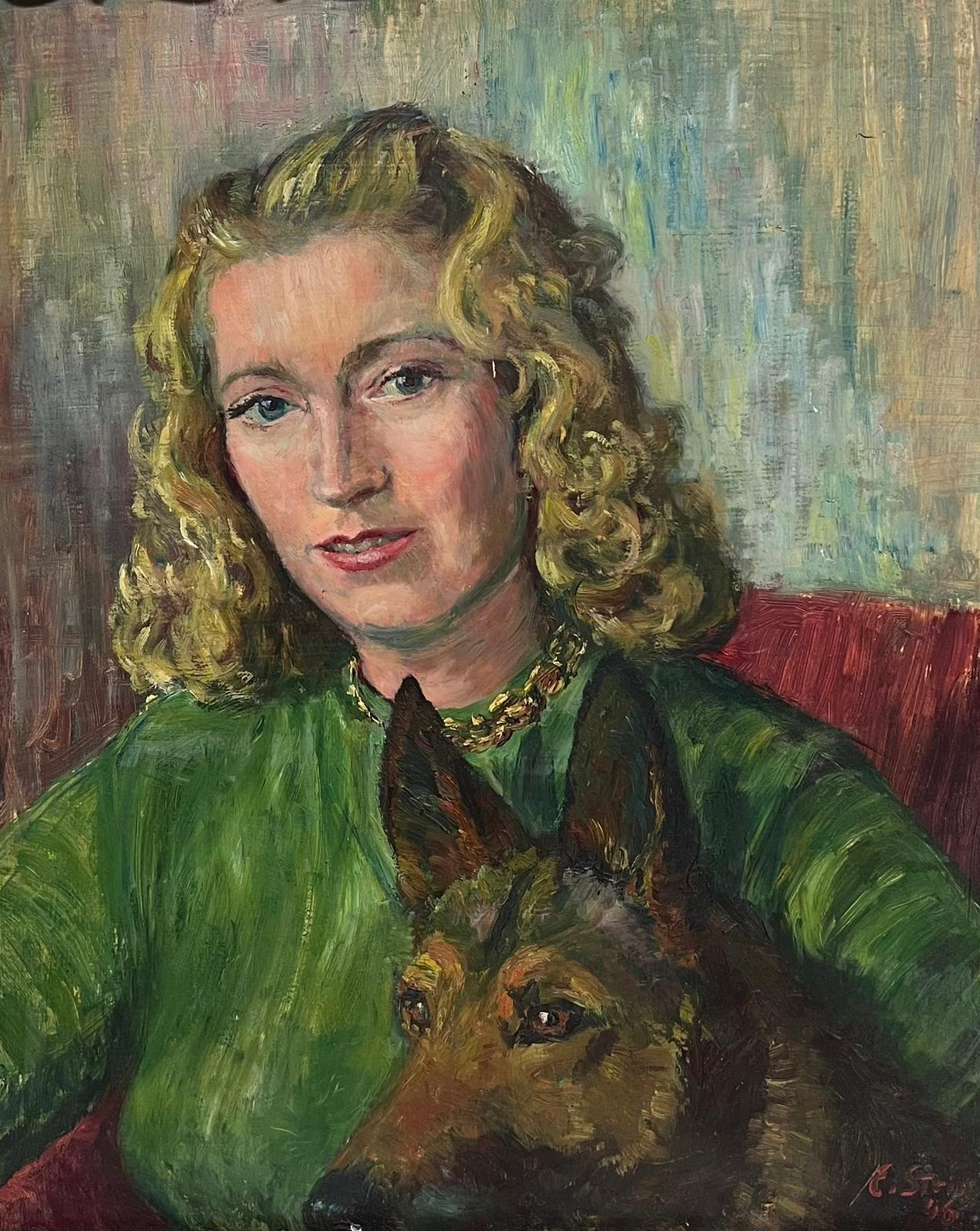 Mid 20th Century French Portrait Young Lady with Alsatian Dog oil on canvas - Painting by French School