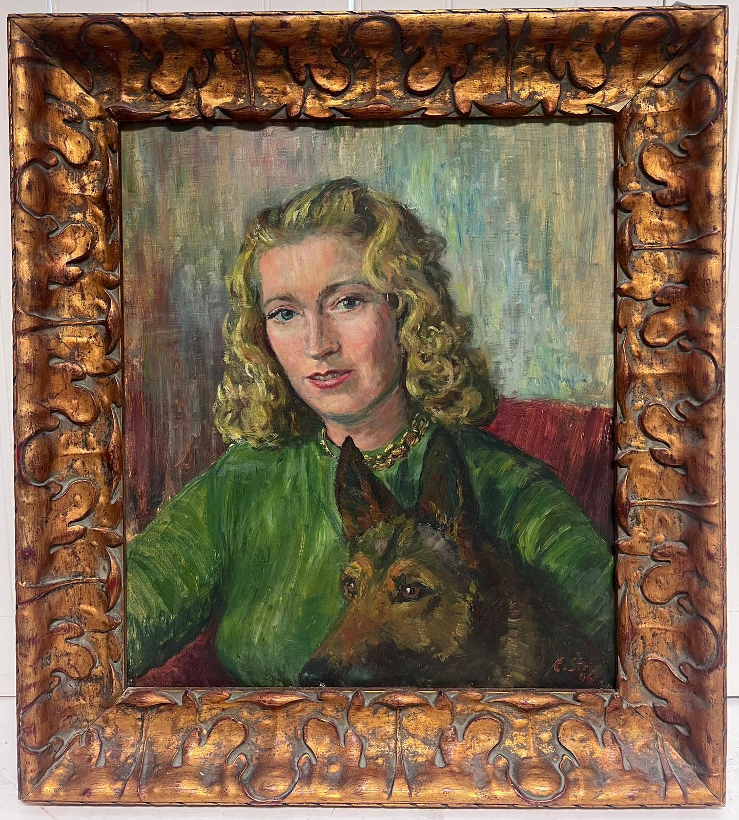 French School Portrait Painting - Mid 20th Century French Portrait Young Lady with Alsatian Dog oil on canvas