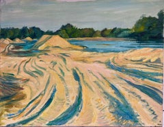 Grande peinture post-impressionniste française du milieu du 20e siècle représentant des champs ruraux par une rivière