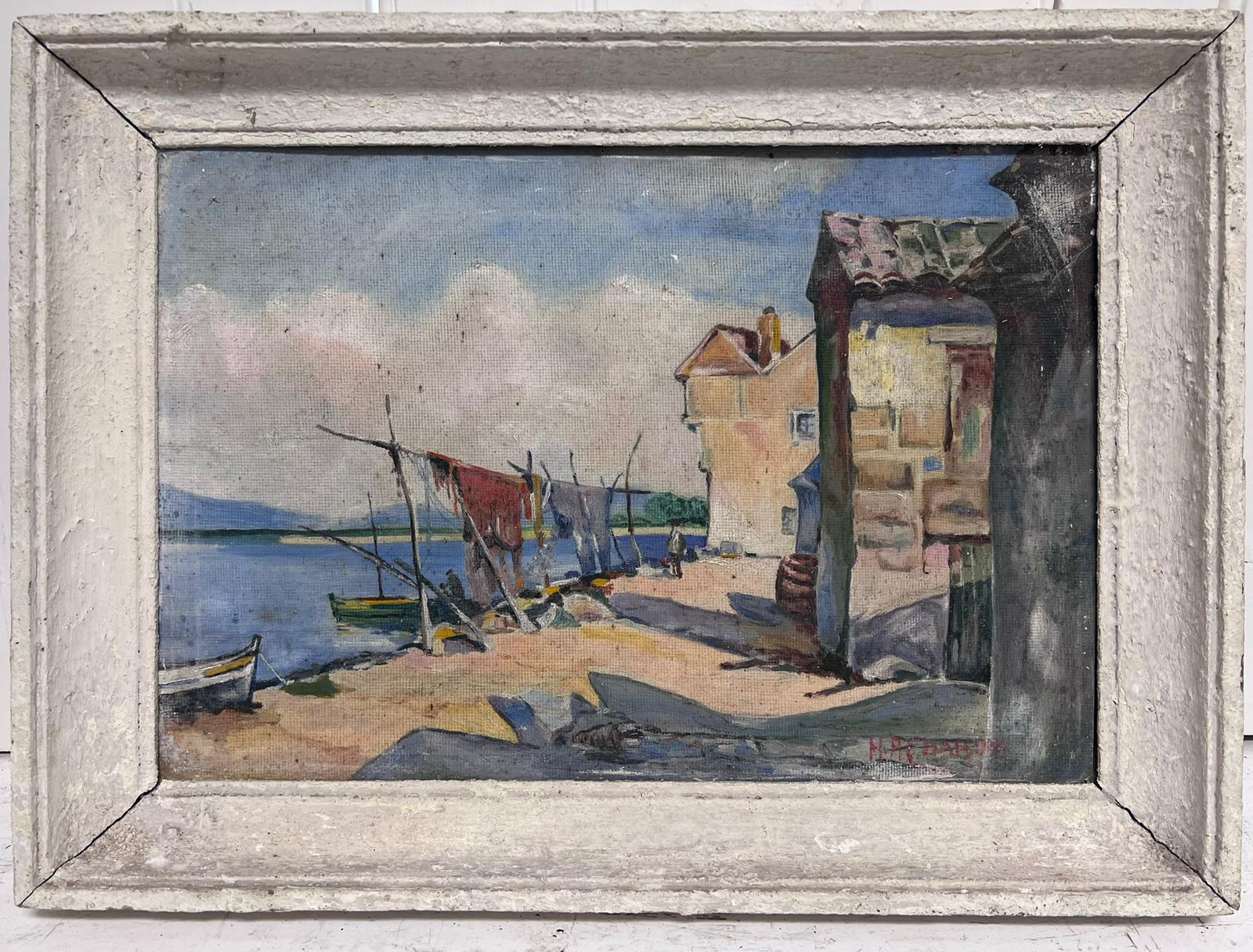 Mid 20th Century French Signed Oil South of France Fishing Nets Drying in Harbor - Painting by French School