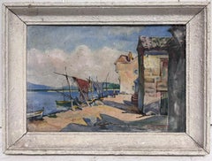 Mid 20th Century French Signed Oil South of France Fishing Nets Drying in Harbor