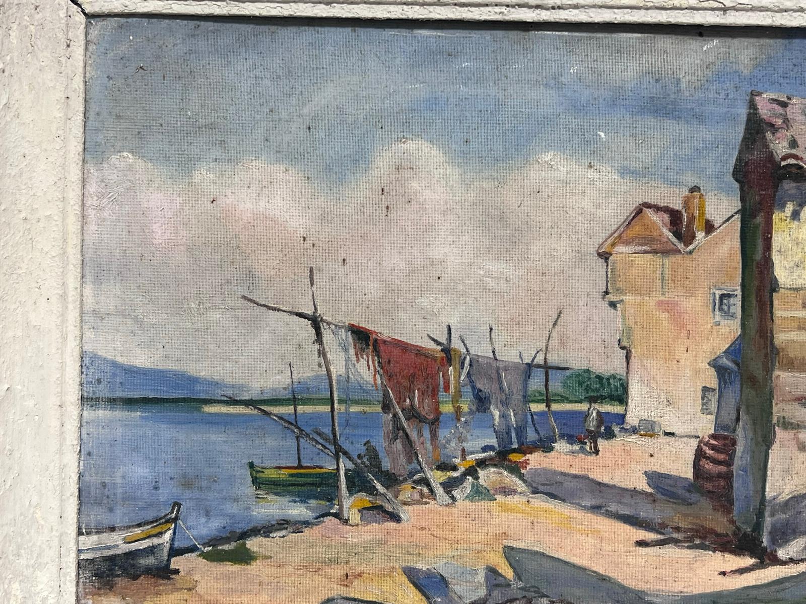 Mid 20th Century French Signed Oil South of France Fishing Nets Drying in Harbor - Modern Painting by French School