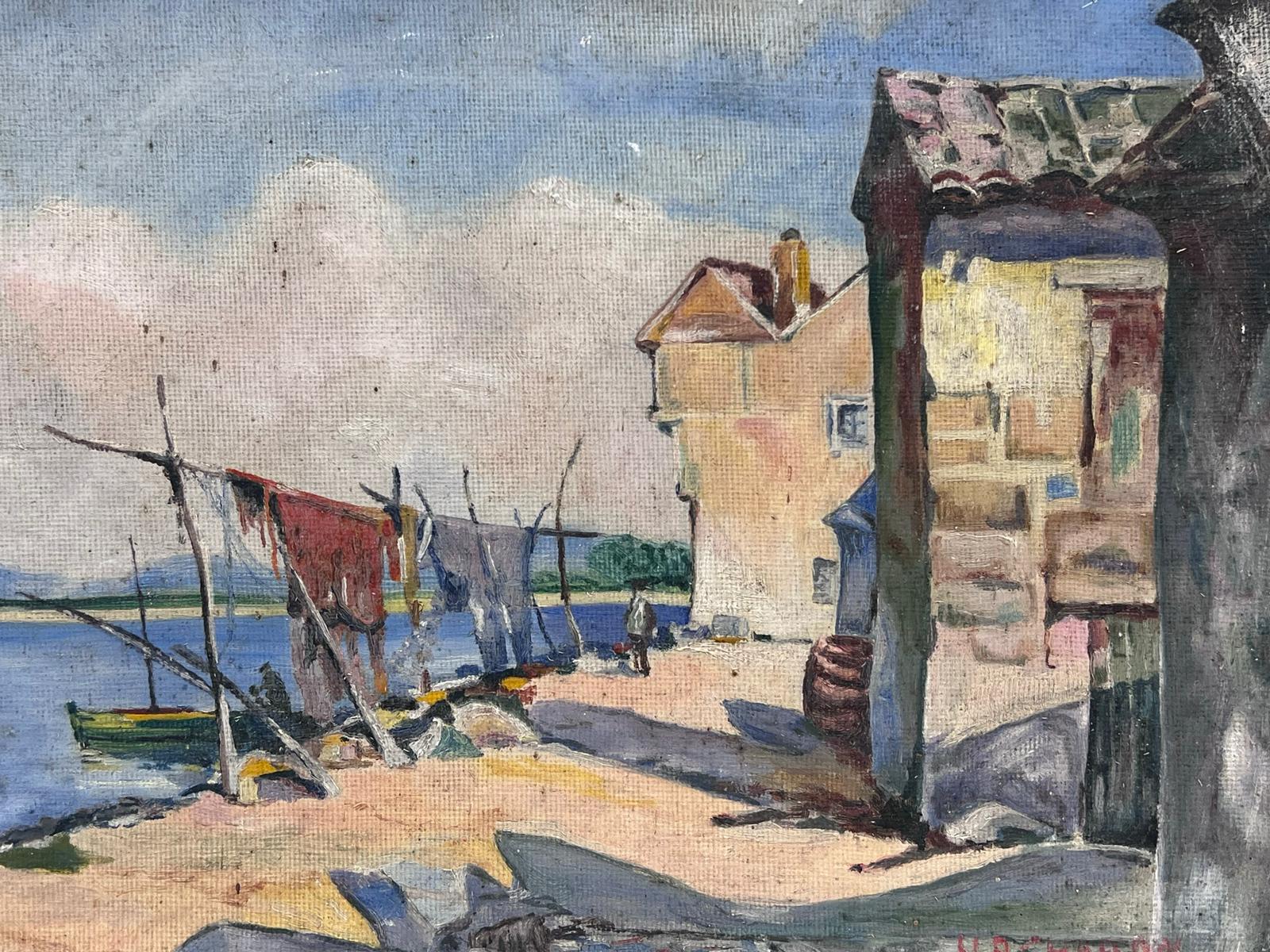 Mid 20th Century French Signed Oil South of France Fishing Nets Drying in Harbor For Sale 1