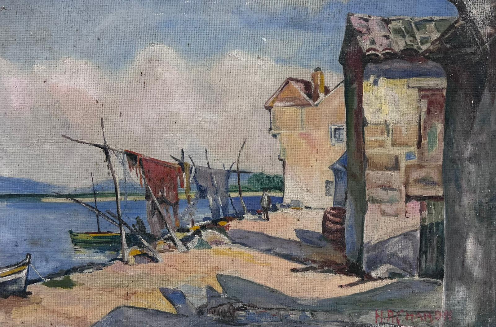 Peinture à l'huile française du milieu du 20e siècle, signée, filets de pêche du sud de la France séchés dans un port