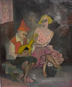 Mid 20th Century Parisian Modernist Oil Painting Musician Playing Mandolin