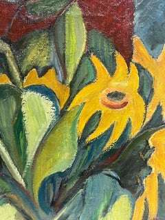 SunFlowers in Vase Mid 20th Cent French Post Impressionist Signed Oil Painting