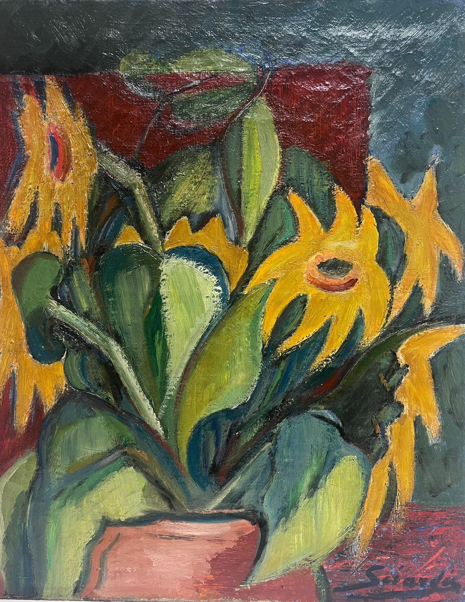 SunFlowers in Vase - Peinture à l'huile post-impressionniste française du milieu du 20e siècle, signée
